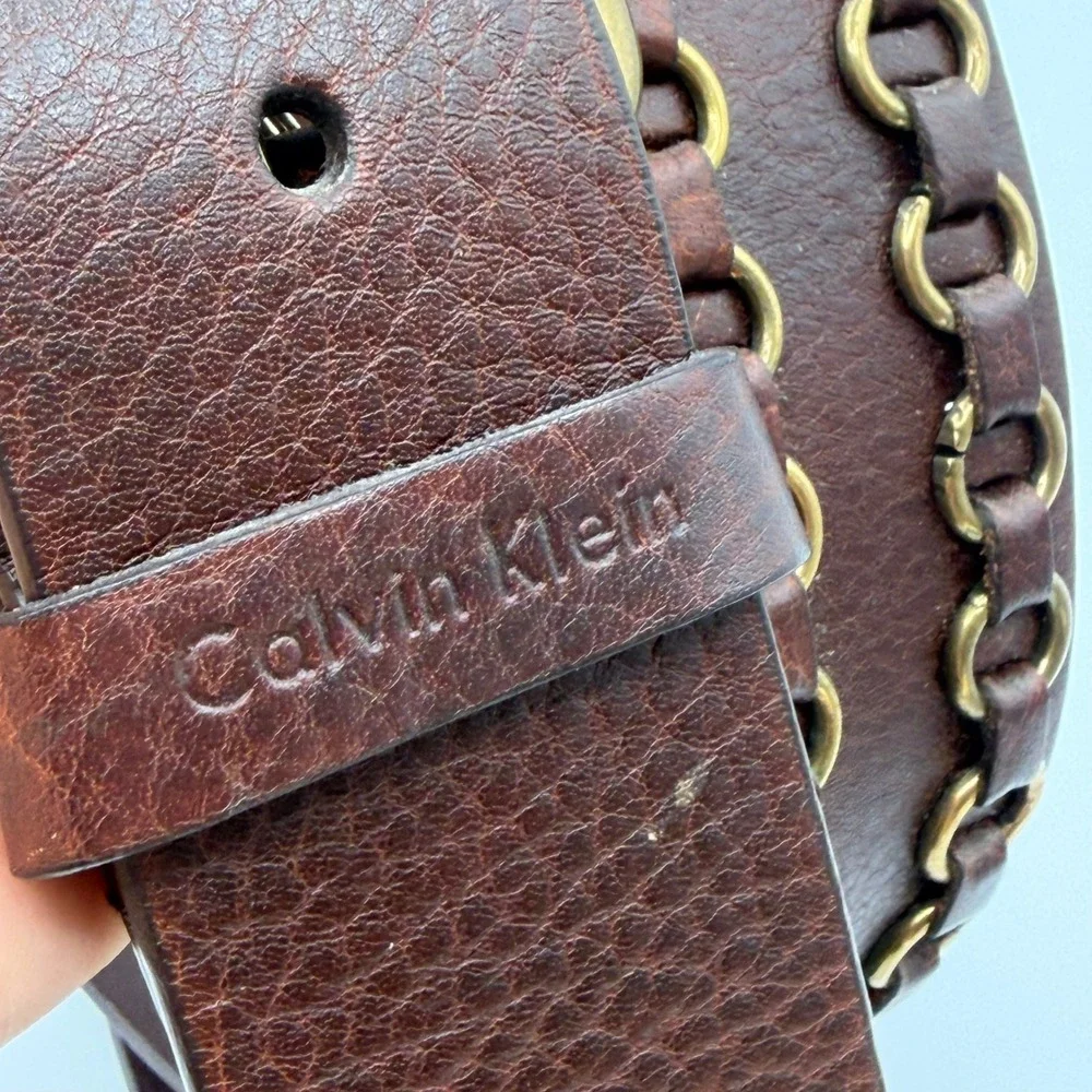 Y2K Calvin Klein Leather Belt Brown Brass Chain Stud Boho Western Medium 36